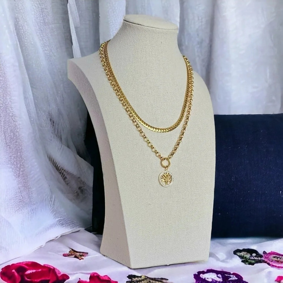 🆕️18K Gold Plated Double Chain Necklace w/ Rhinestone Tree of Life Pendant 🌳 - Picture 8 of 11